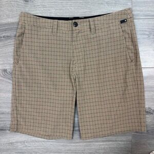 Volcom Surf & Turf Mens Hybrid Chino Shorts Tan Plaid Houndstooth Size 36 Skate
